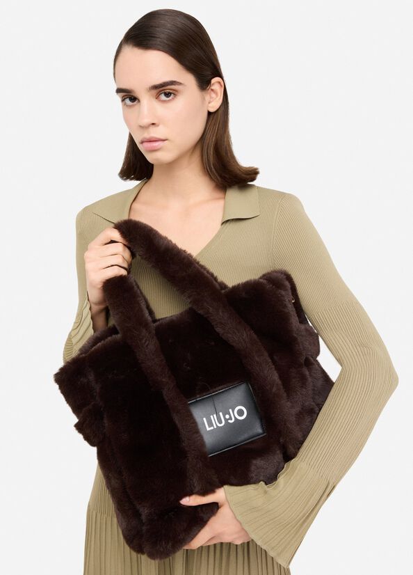 Shopper format moyen en tissu polaire Teddy chocolat Liu Jo - large image number 0