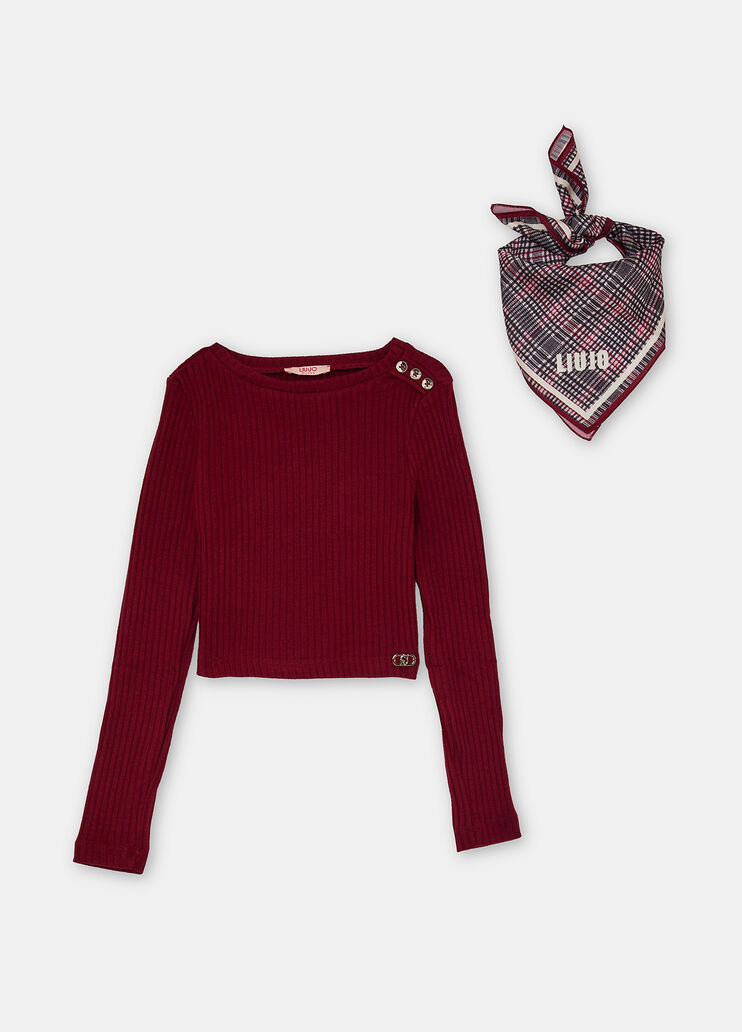 Maglia a coste con foulard rosso Liu Jo - large image number 2 Maglia a coste con foulard rosso Liu Jo - large image number 2