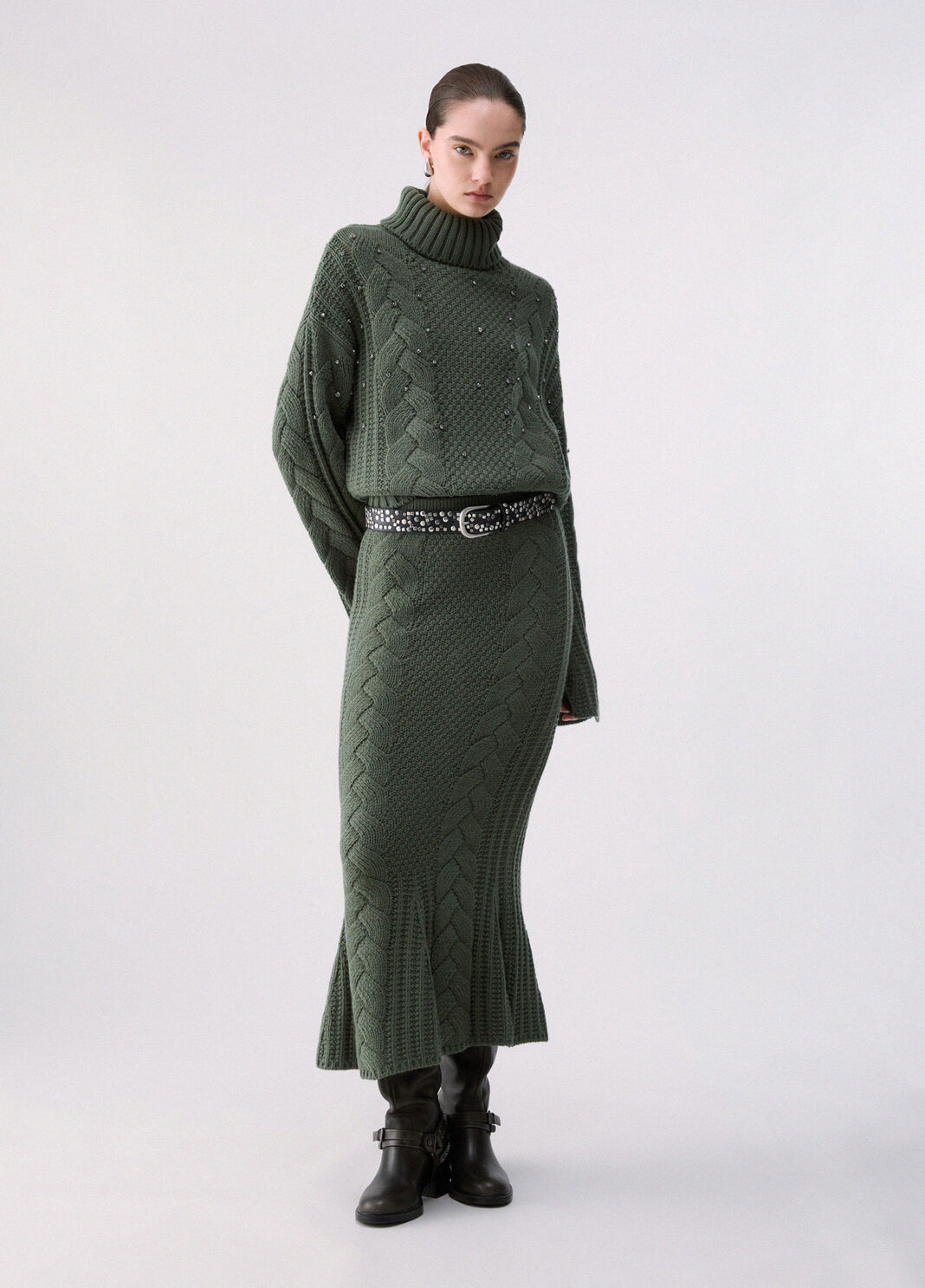 Rollkragenpullover mit Zopfmuster mit Strass Dunkelgr&uuml;n Liu Jo - large image number 5