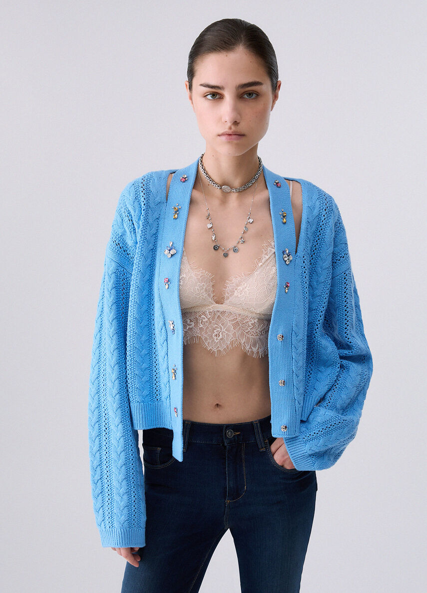 Cardigan with jewel embroidery colour light blue | Liu Jo