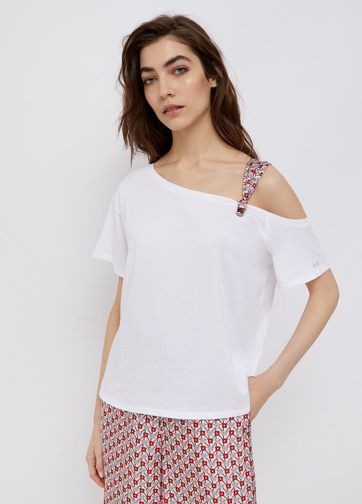 T-shirt with satin shoulder strap white/geometric Liu Jo - large image number 0 T-shirt with satin shoulder strap white/geometric Liu Jo - large image number 0