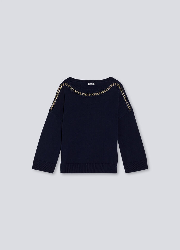 Eco-friendly sweater with jewel chain navy blue Liu Jo - large image number 4 Eco-friendly sweater with jewel chain navy blue Liu Jo - large image number 4