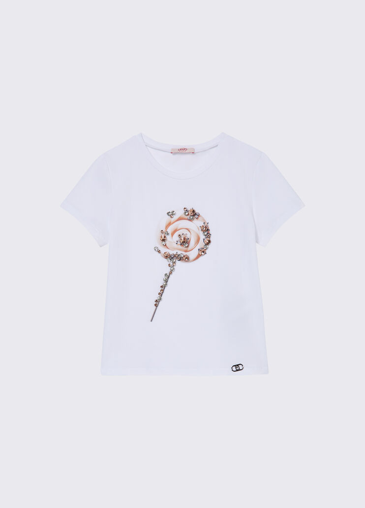 T-Shirt mit Print und eingefassten Schmucksteinen Lutscher Liu Jo - medium