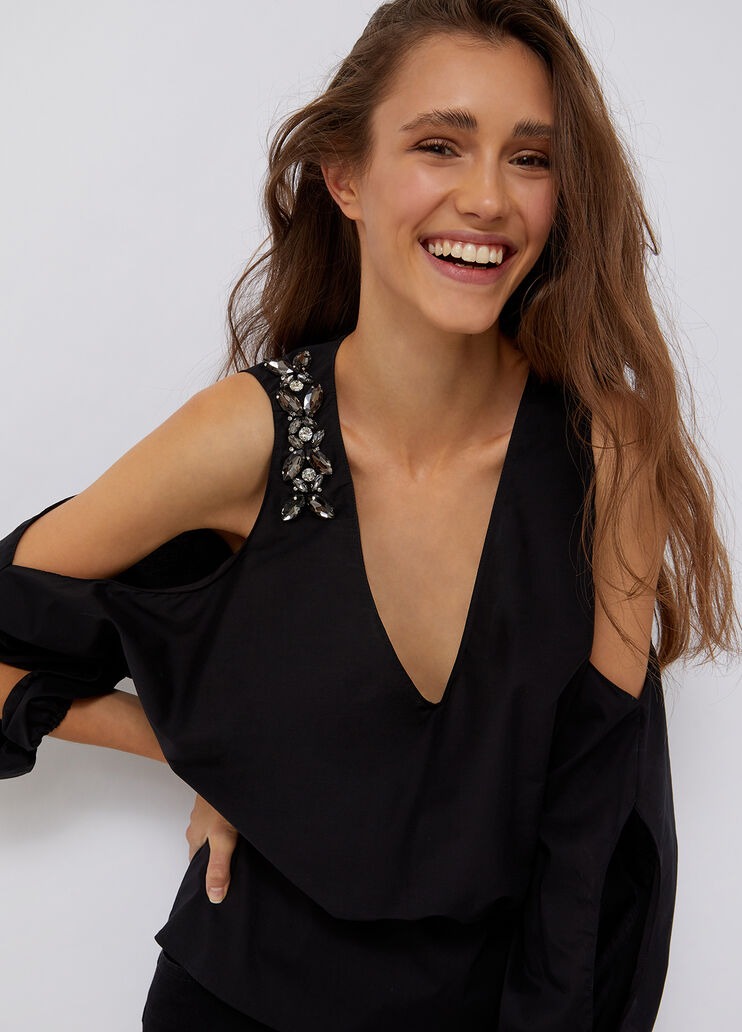 Eco-friendly blouse with jewel stones black Liu Jo - large image number 0 Eco-friendly blouse with jewel stones black Liu Jo - large image number 0