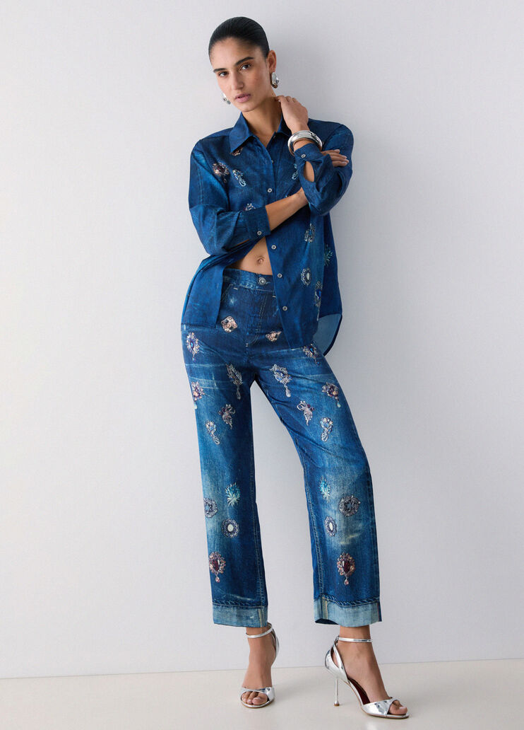 Pantal&oacute;n recto con estampado digital denim azul Liu Jo - medium