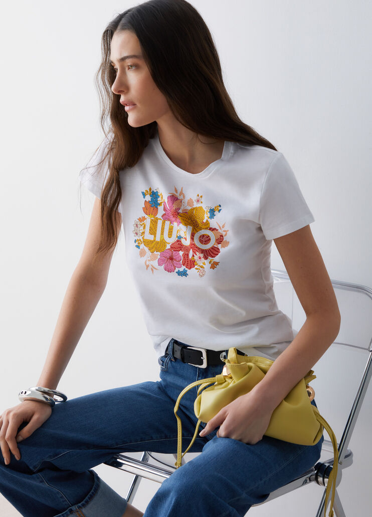 T-Shirt mit Print und Strass Wei&szlig;/mehrfarbig Liu Jo - medium