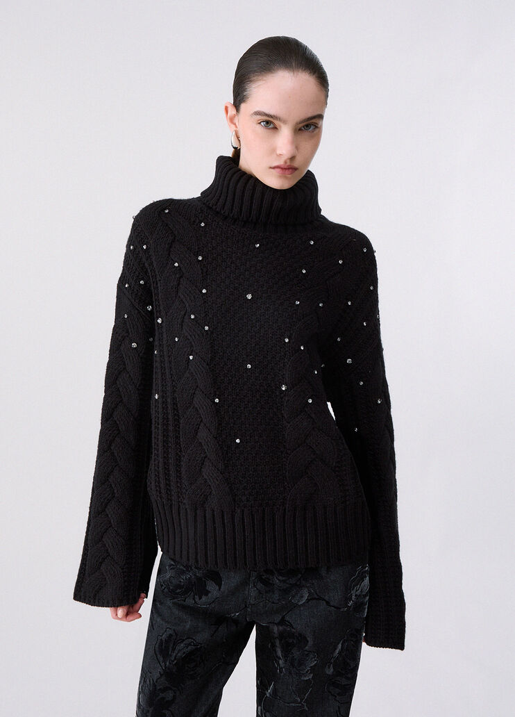 Turtleneck sweater cable-knit with rhinestones black Liu Jo - medium