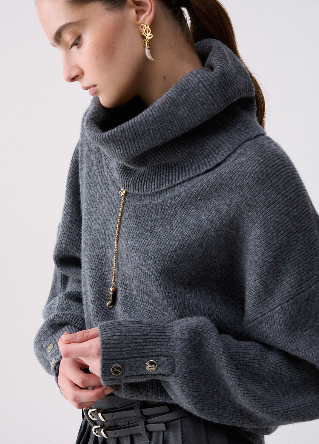 Turtleneck sweater in pure wool grey m&eacute;lange Liu Jo - large image number 4