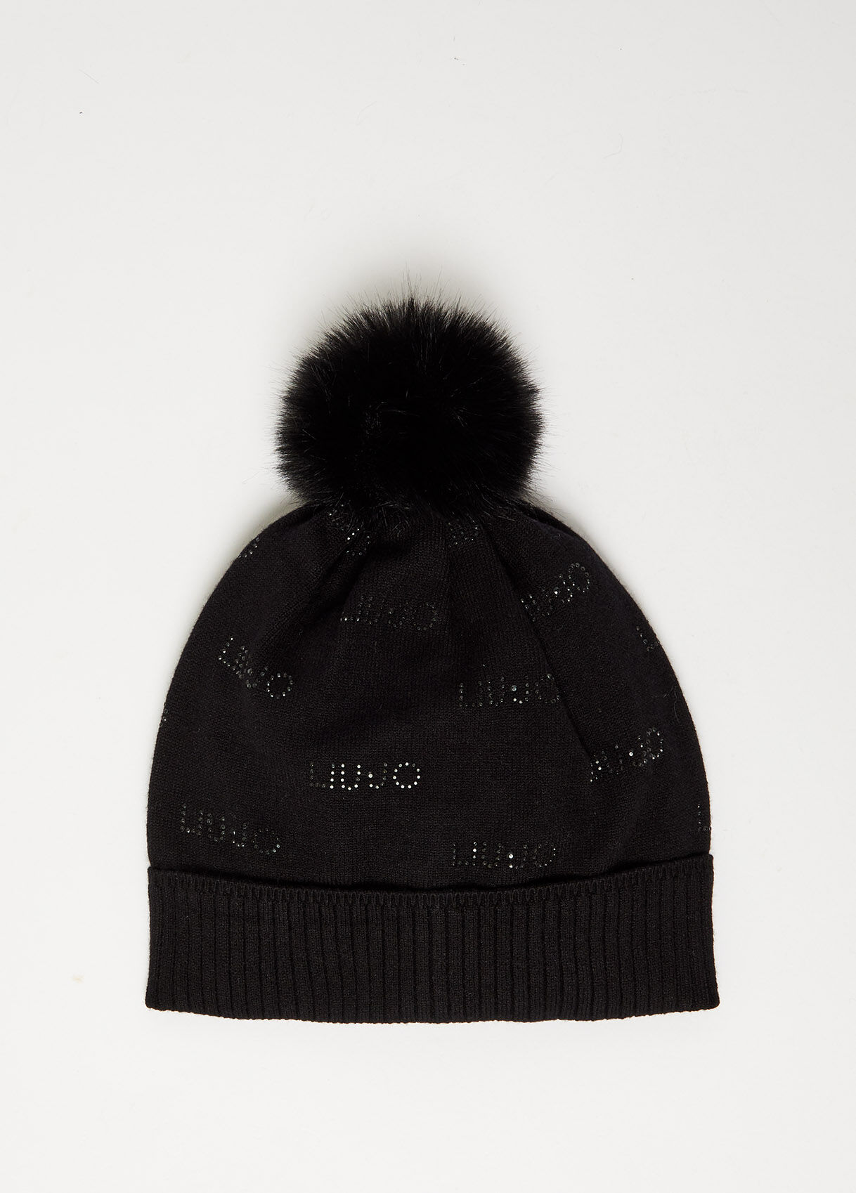 Knit hat with pom-pom and logo