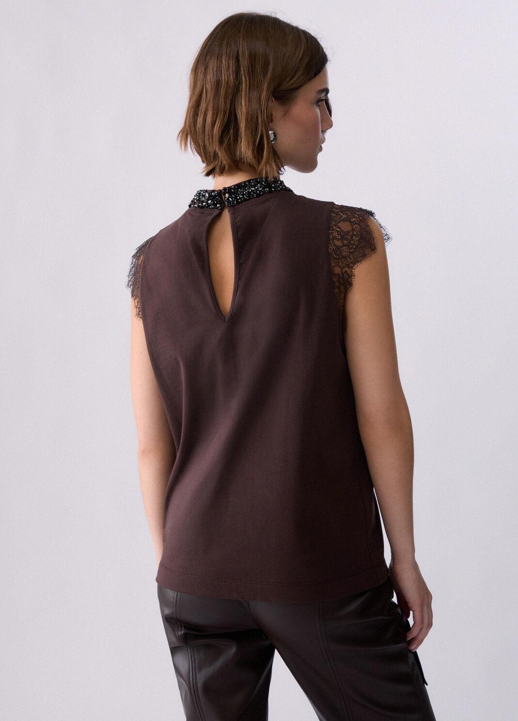 T-shirt avec dentelle et strass moka Liu Jo - large image number 1