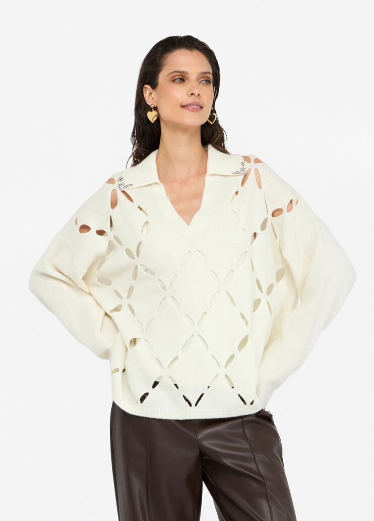 Pullover aus 100 % Wolle mit Schmuckstickerei Wollweiß Liu Jo - medium Pullover aus 100 % Wolle mit Schmuckstickerei Wollweiß Liu Jo - medium