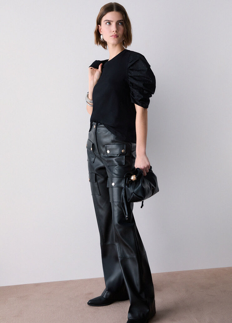T-shirt bimateriale with sleeves a puff black Liu Jo - medium