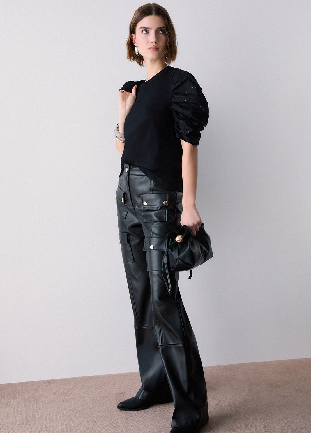 T-shirt bimateriale with sleeves a puff black Liu Jo - large image number 2