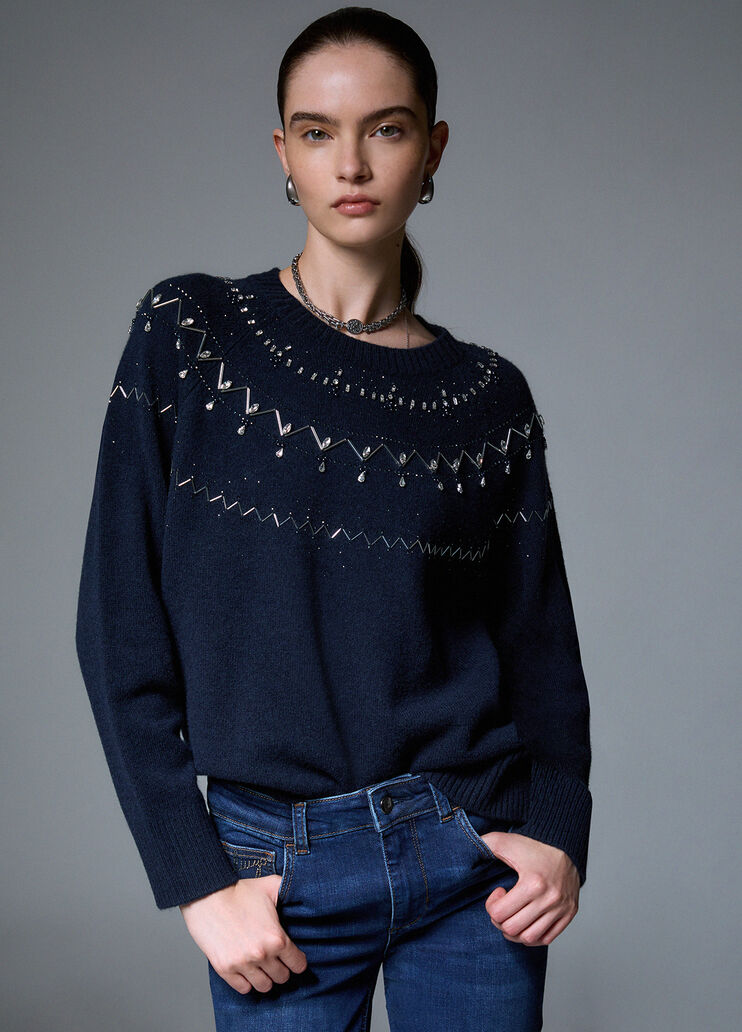 Knit in wool with jewel embroidery dark blue Liu Jo - medium
