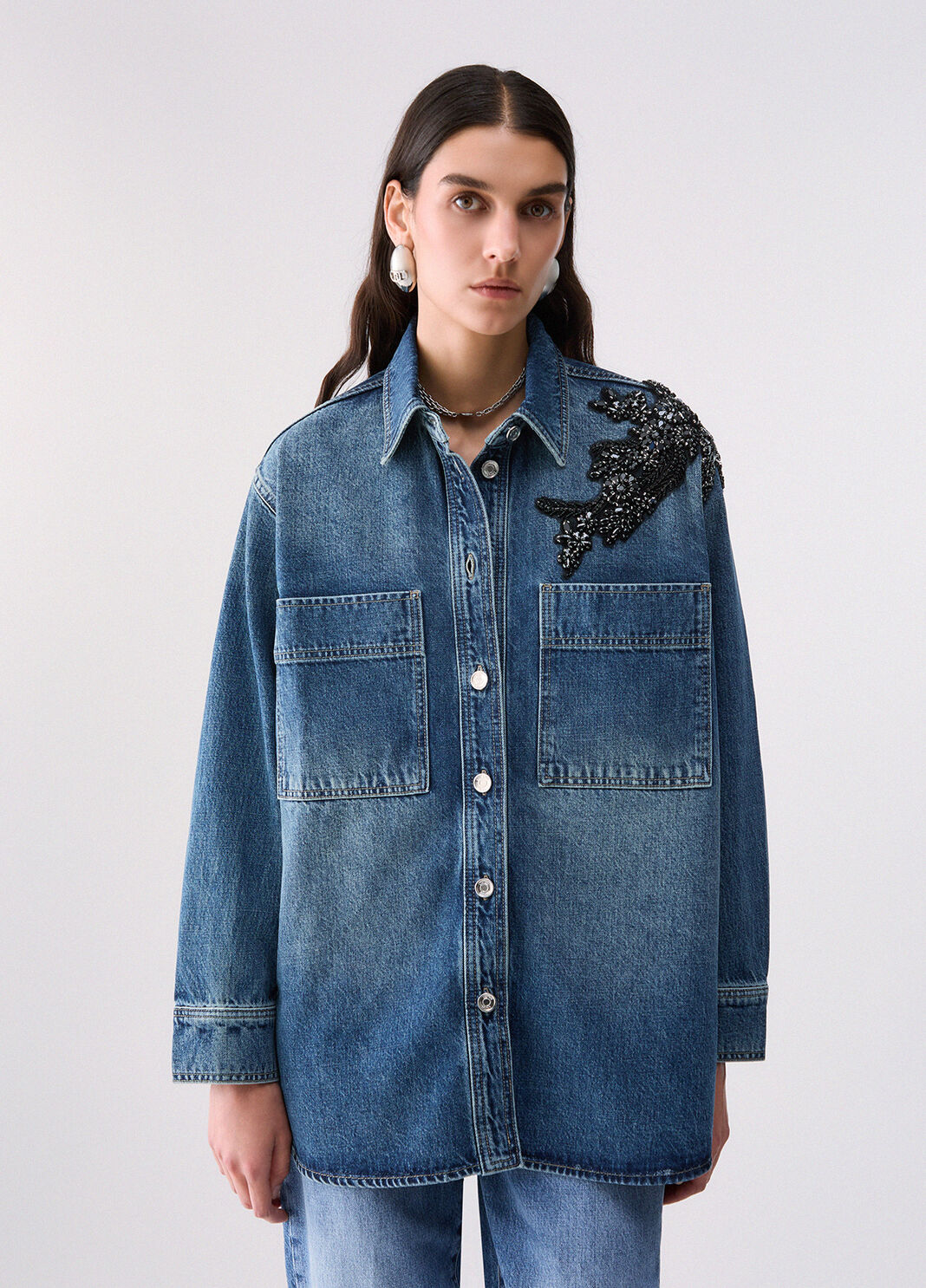 Denim Overshirt with Jewel Embroidery blue denim Liu Jo - large image number 0