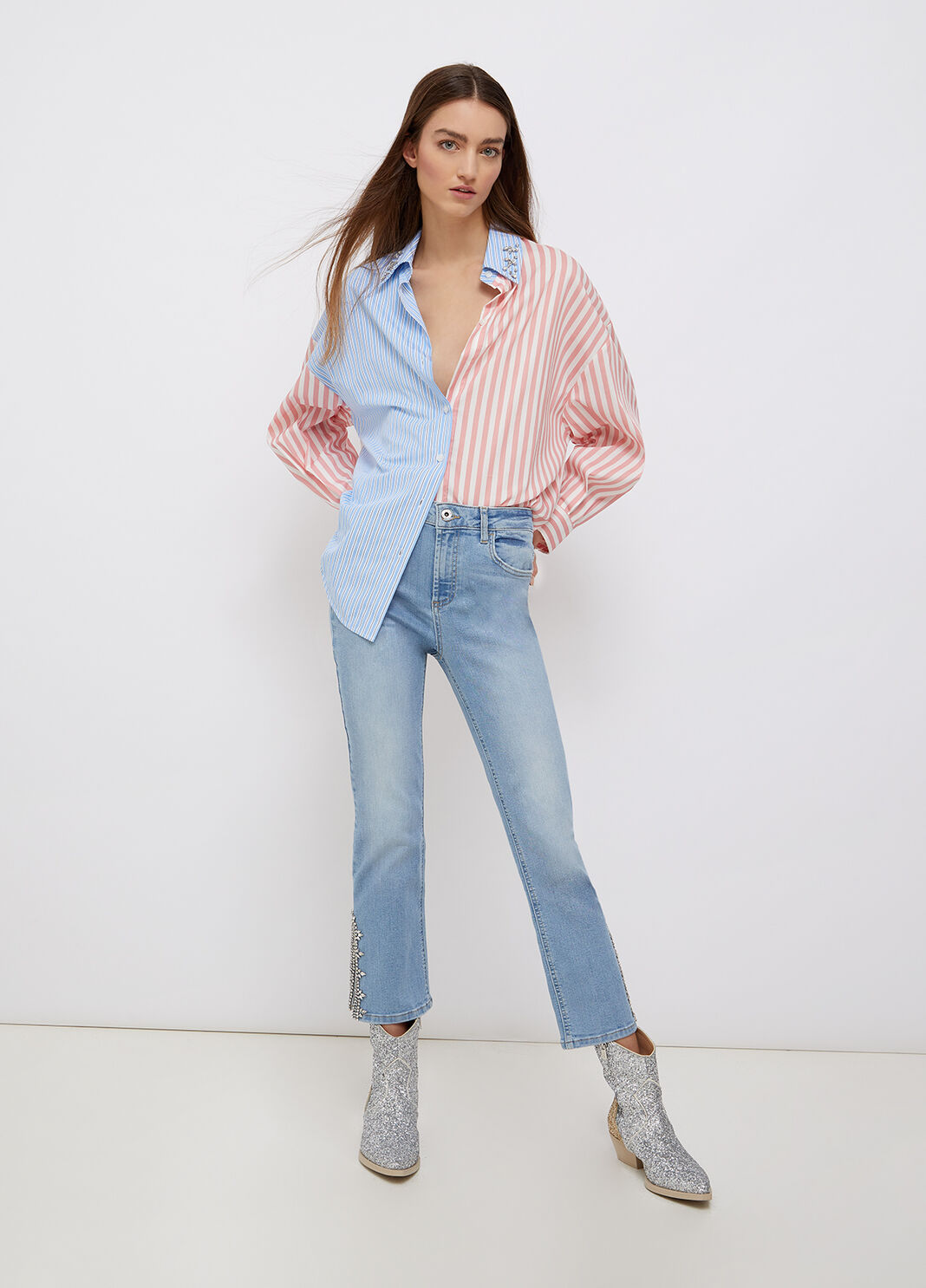Рубашка в полоску с роскошными камнями розово-белые полоски Liu Jo - large image number 3