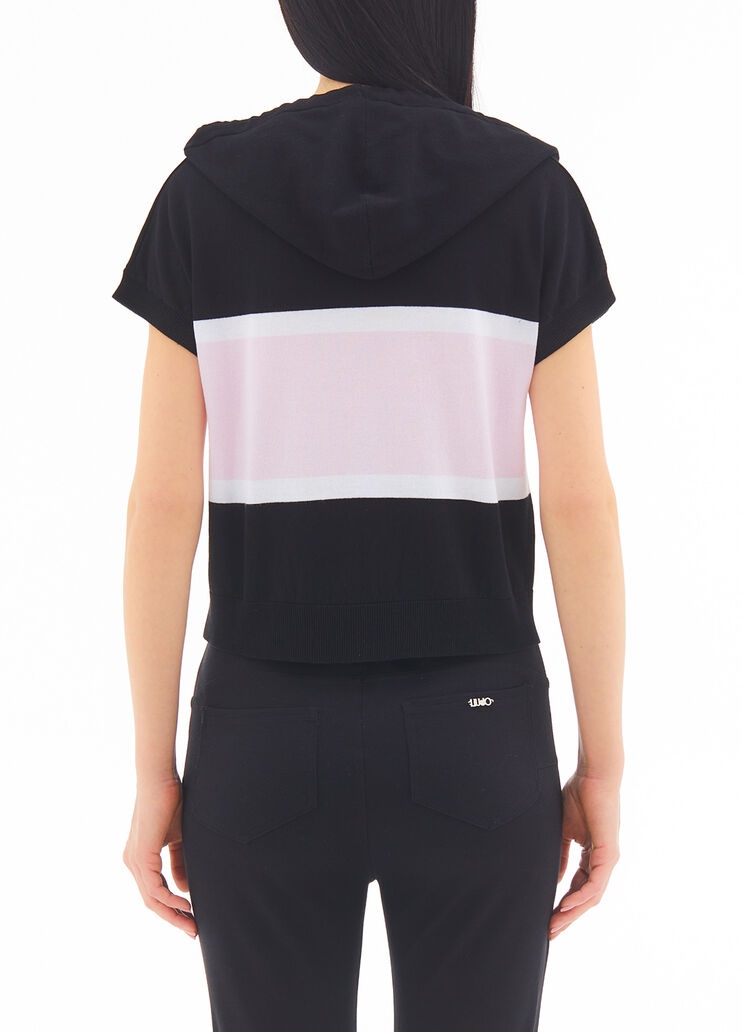 T-shirt in maglia con cappuccio nero/bianco/rosa Liu Jo - large image number 1 T-shirt in maglia con cappuccio nero/bianco/rosa Liu Jo - large image number 1