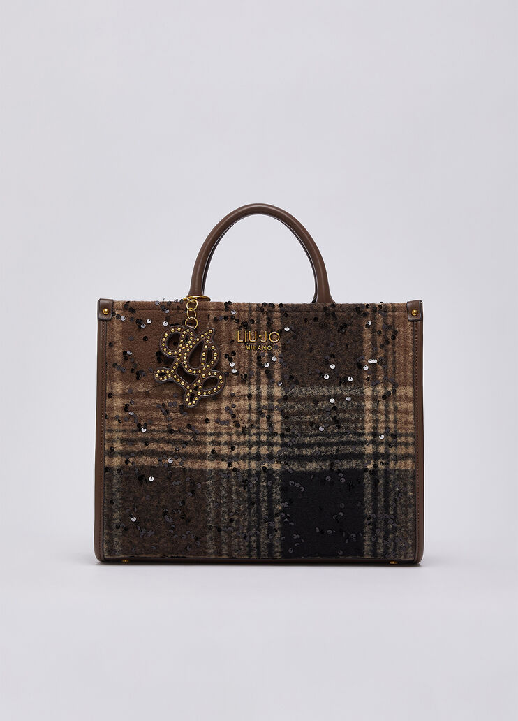 Bolso mediano a cuadros con lentejuelas casta&ntilde;o oscuro Liu Jo - medium