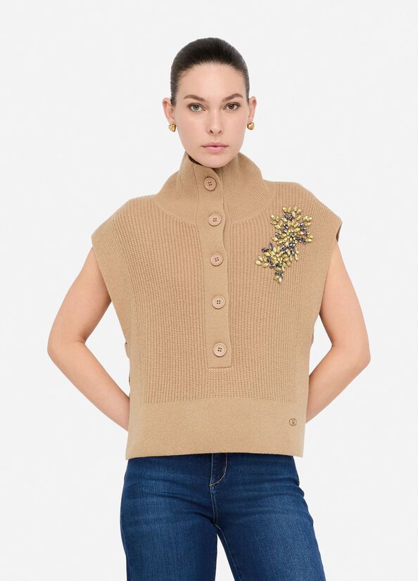 100% wool vest with bejewelled embroidery beige Liu Jo - large image number 0