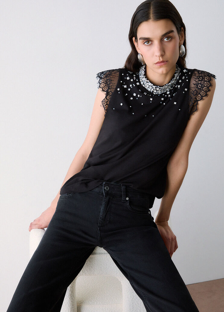 T-shirt with lace and rhinestones black Liu Jo - medium