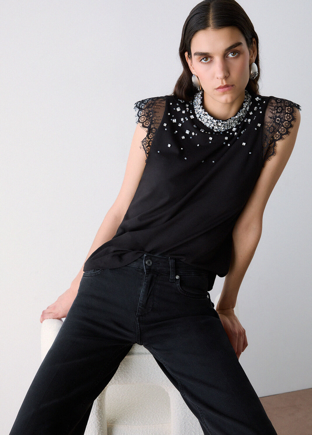 T-shirt with lace and rhinestones black Liu Jo - large image number 2
