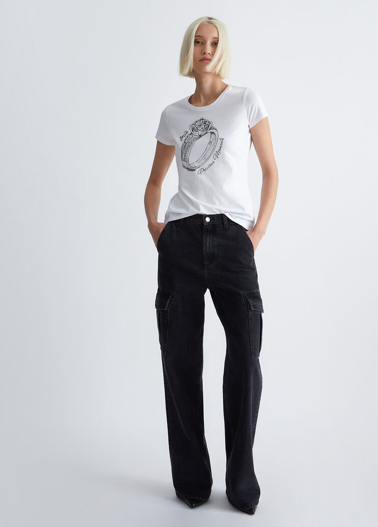 Eco-friendly T-shirt with print and gemstones white/ring Liu Jo - look Eco-friendly T-shirt with print and gemstones white/ring Liu Jo - look