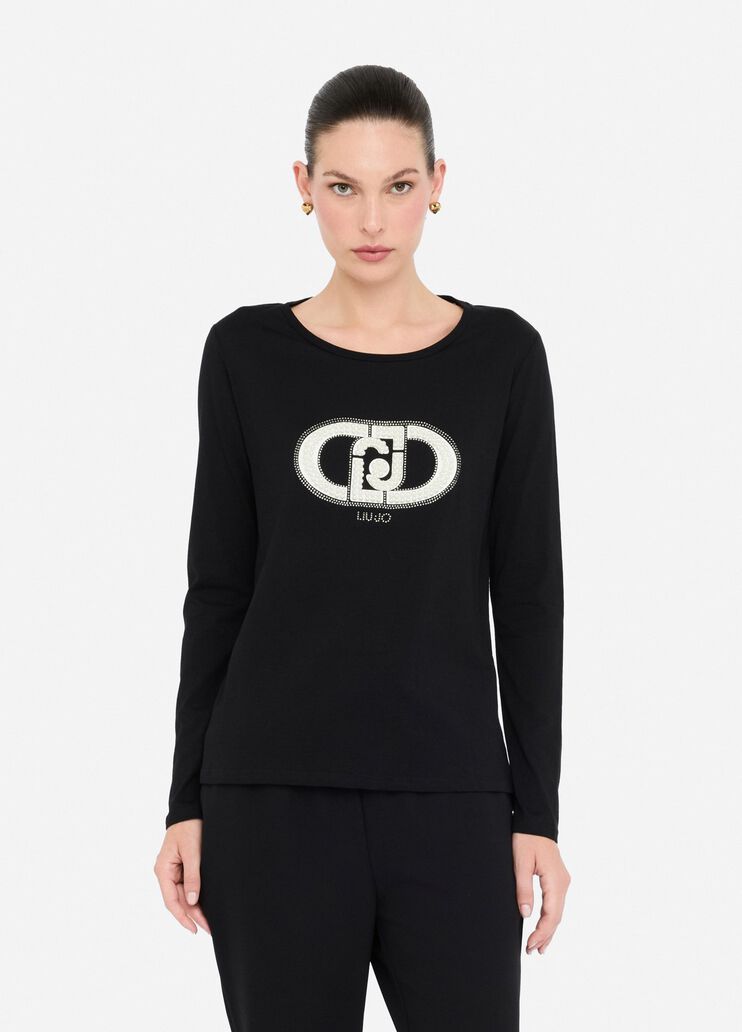 T-Shirt aus Baumwolle mit Logo Schwarz/Monogramm Liu Jo - medium T-Shirt aus Baumwolle mit Logo Schwarz/Monogramm Liu Jo - medium