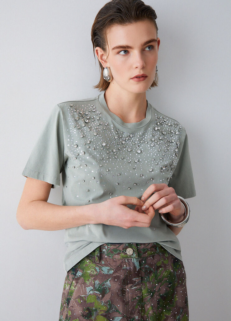 T-Shirt mit eingefassten Schmucksteinen Gr&uuml;n Liu Jo - medium