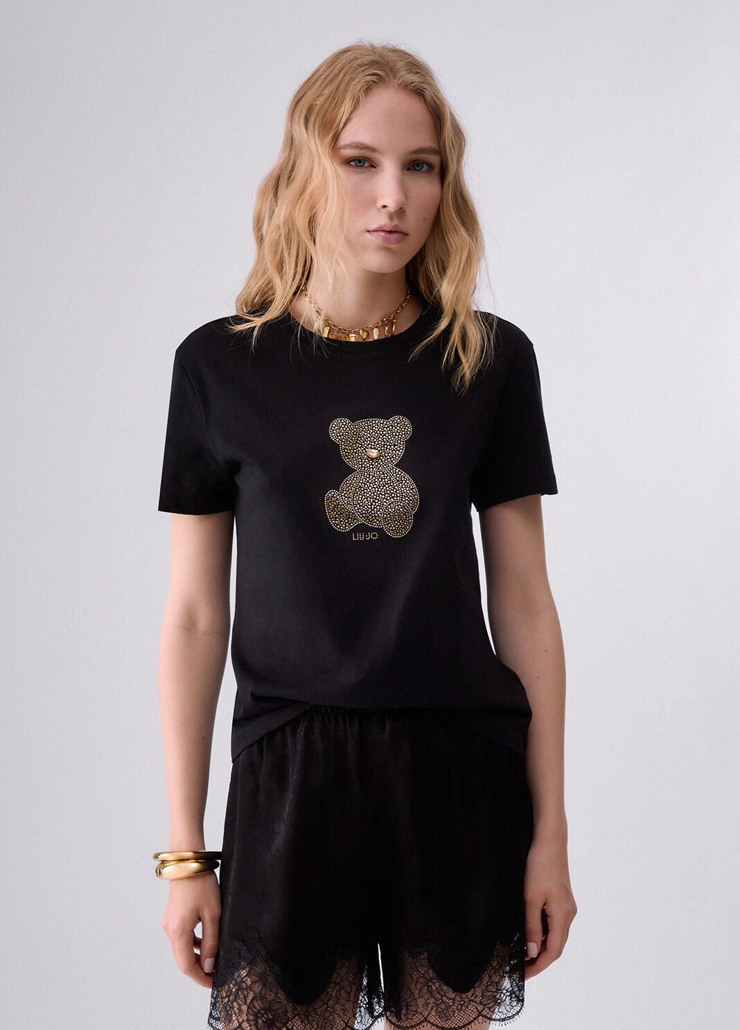 T-shirt with jewel embellishments black/teddy bear Liu Jo - large image number 0
