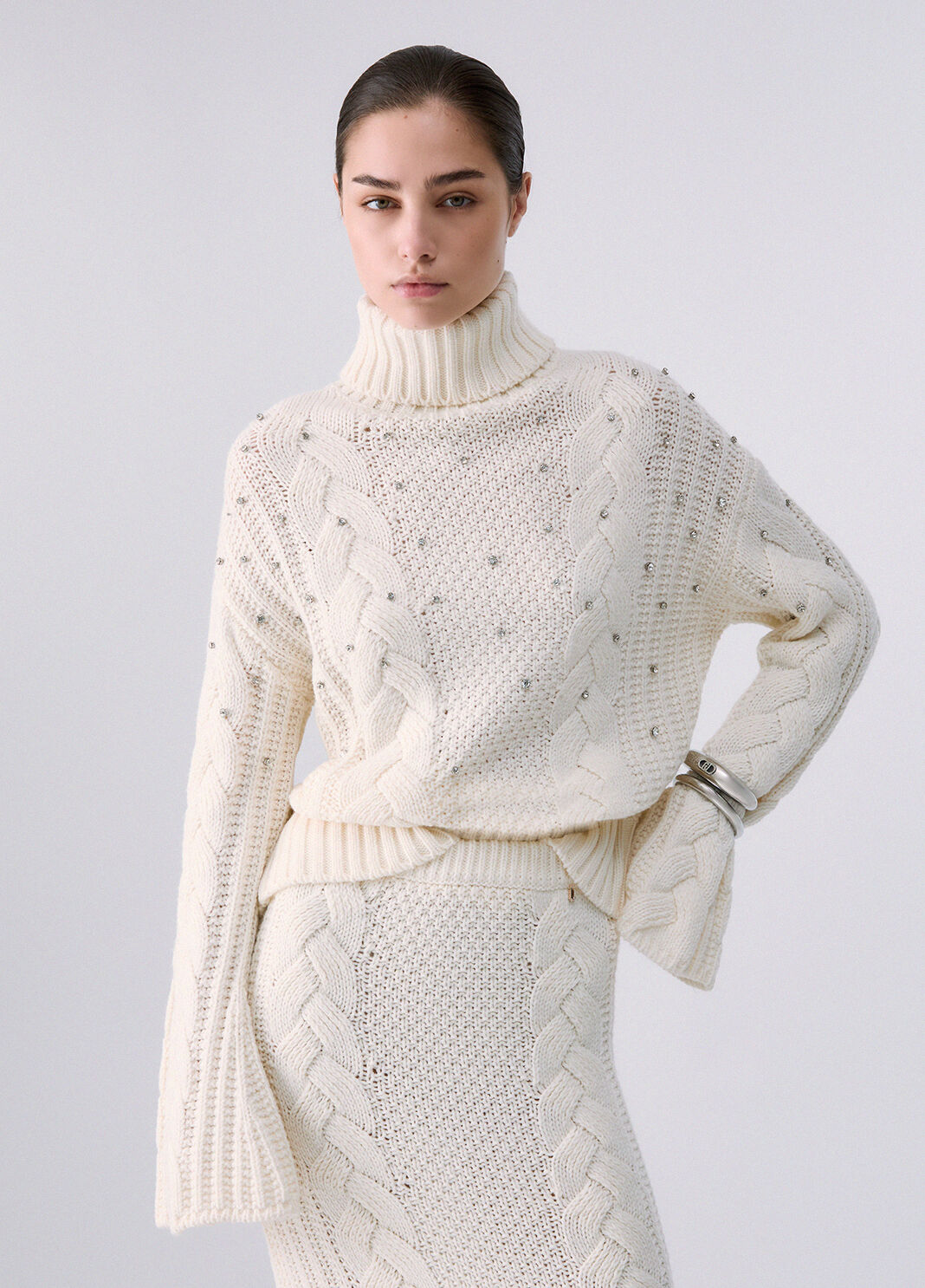 Cable Knit Turtleneck with Rhinestones white wool Liu Jo - large image number 0