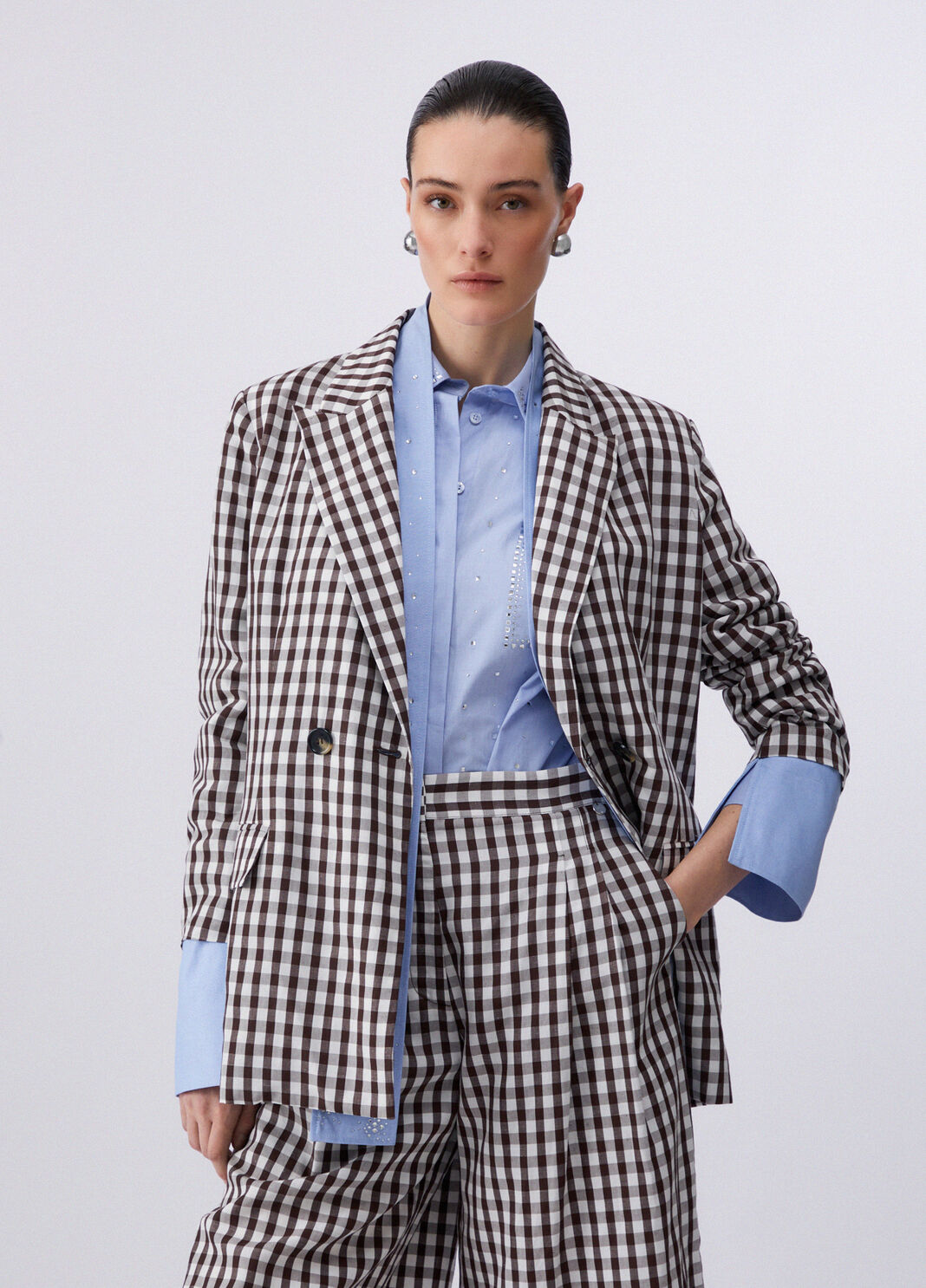 Blazer con sciarpa gioiello vichy marrone Liu Jo - large image number 0