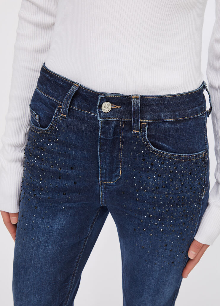 Cropped flared jeans with gemstones dark blue denim Liu Jo - medium