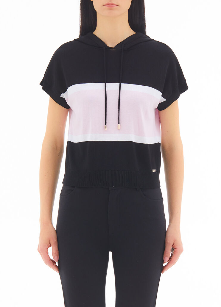 T-shirt in maglia con cappuccio nero/bianco/rosa Liu Jo - large image number 0 T-shirt in maglia con cappuccio nero/bianco/rosa Liu Jo - large image number 0
