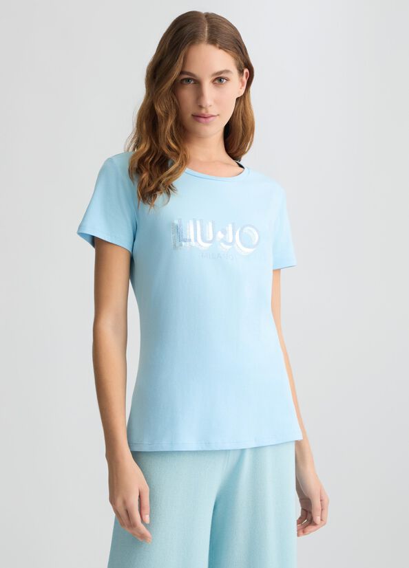 T-shirt with logo and gemstones light blue Liu Jo - large image number 0