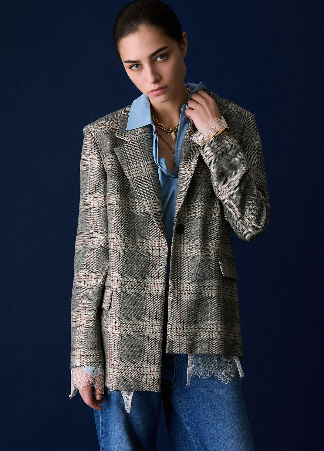 Blazer de cuadros con detalles de encaje cuadros beige Liu Jo - large image number 2