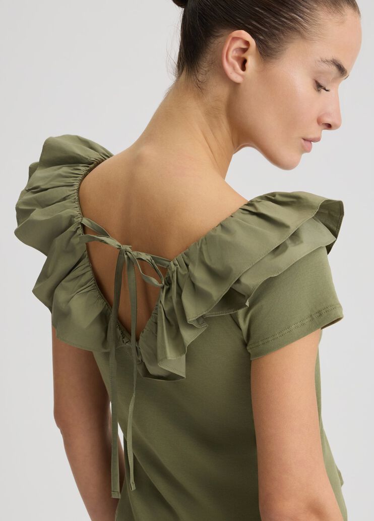 Cotton T-shirt with ruches khaki green Liu Jo - large image number 4 Cotton T-shirt with ruches khaki green Liu Jo - large image number 4