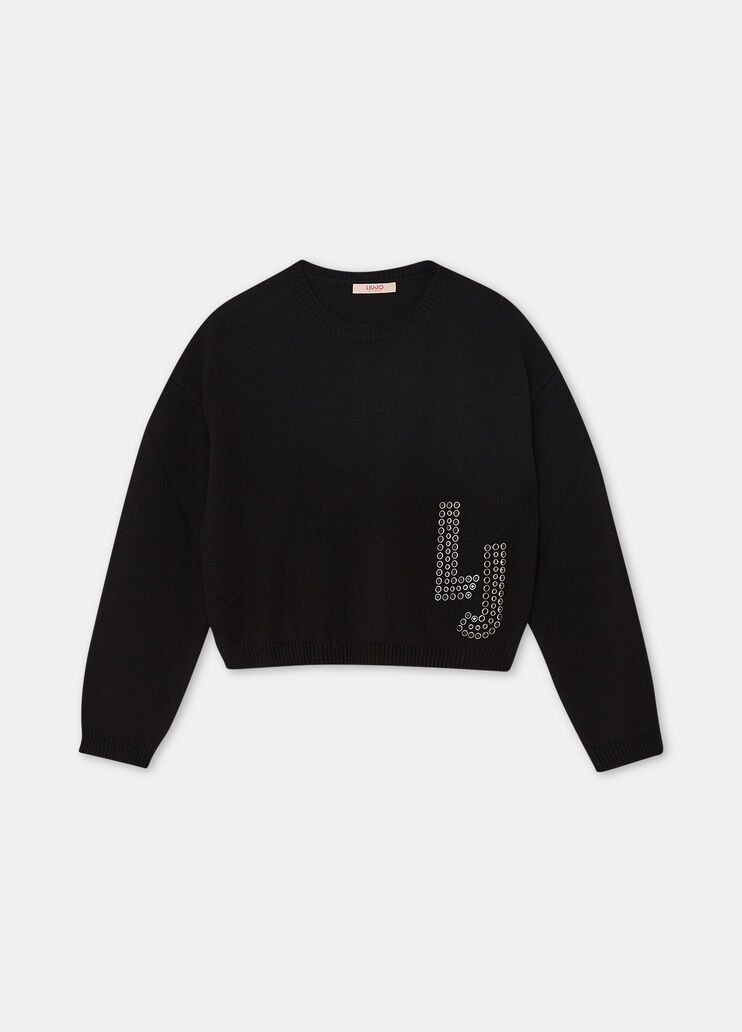 Wool jumper with logo and rhinestones black Liu Jo - medium Wool jumper with logo and rhinestones black Liu Jo - medium