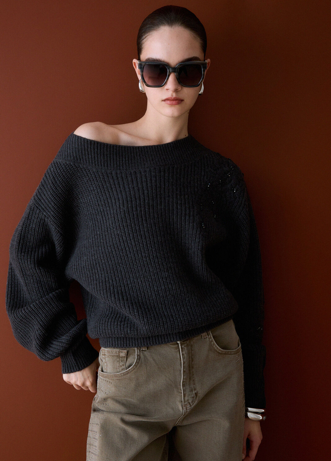 Knit in wool with embroidery anthracite m&eacute;lange Liu Jo - large image number 2