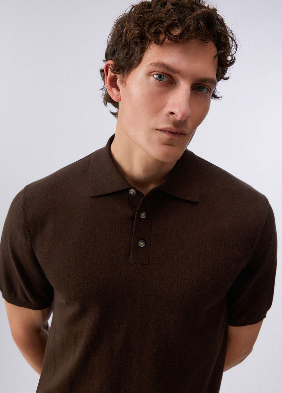 Polo en maille de soie m&eacute;lang&eacute;e chocolat Liu Jo - large image number 4