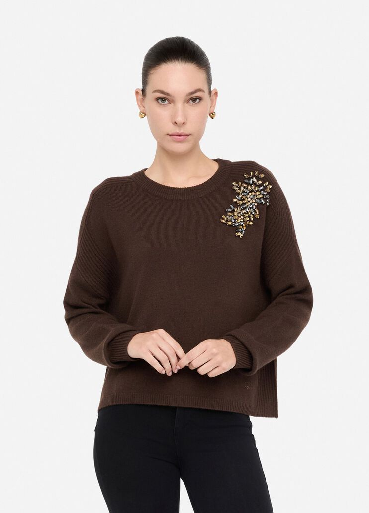 100% wool jumper with bejewelled embroidery chocolate Liu Jo - medium 100% wool jumper with bejewelled embroidery chocolate Liu Jo - medium