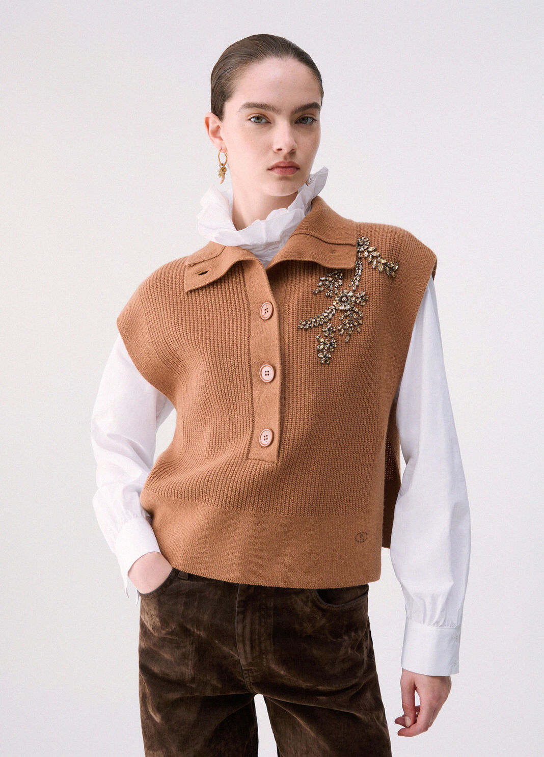 Wool vest with bejewelled embroidery beige Liu Jo - large image number 0