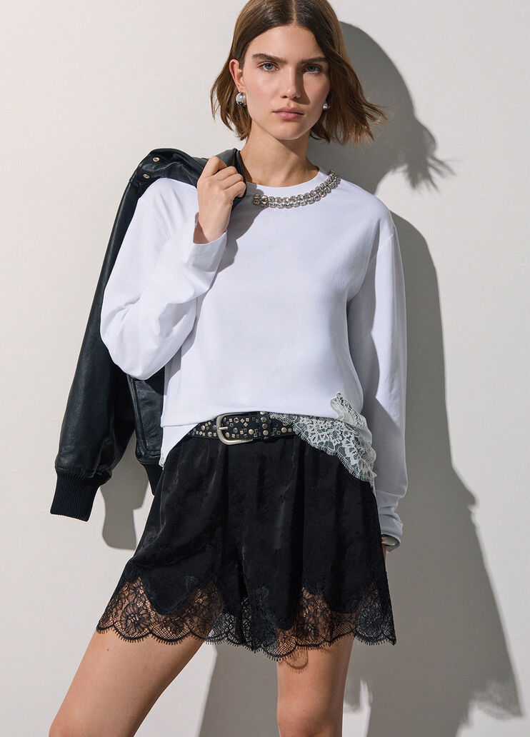 Camiseta con encaje y adornos de joyas blanco &oacute;ptico Liu Jo - medium