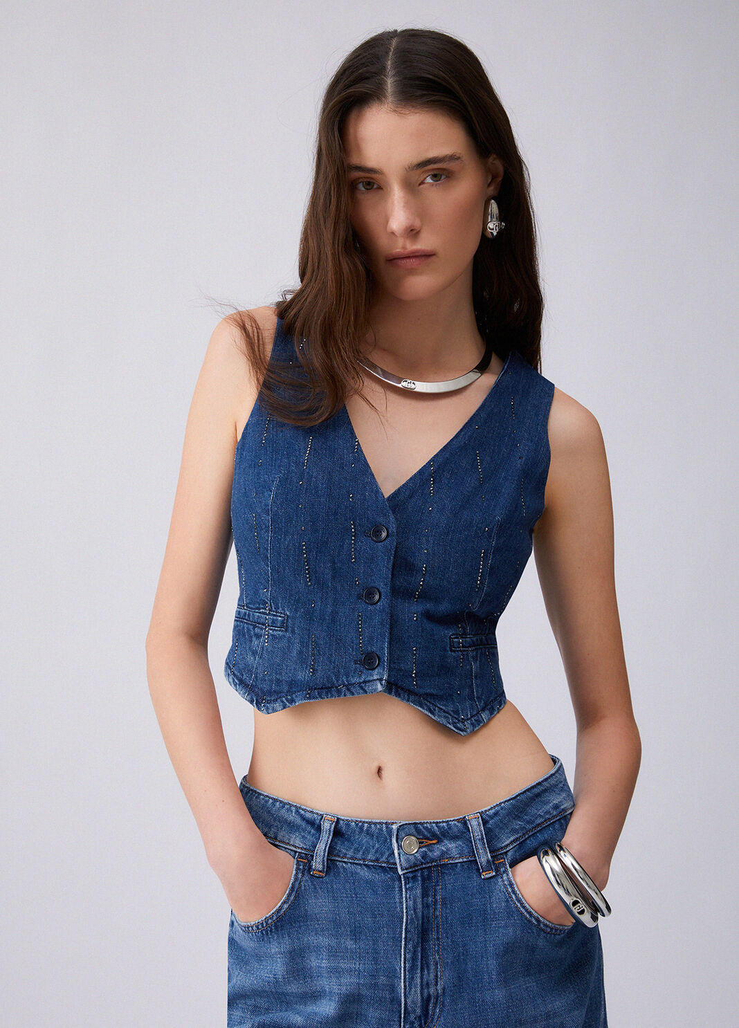 Denim waistcoat with rhinestones blue denim Liu Jo - large image number 0