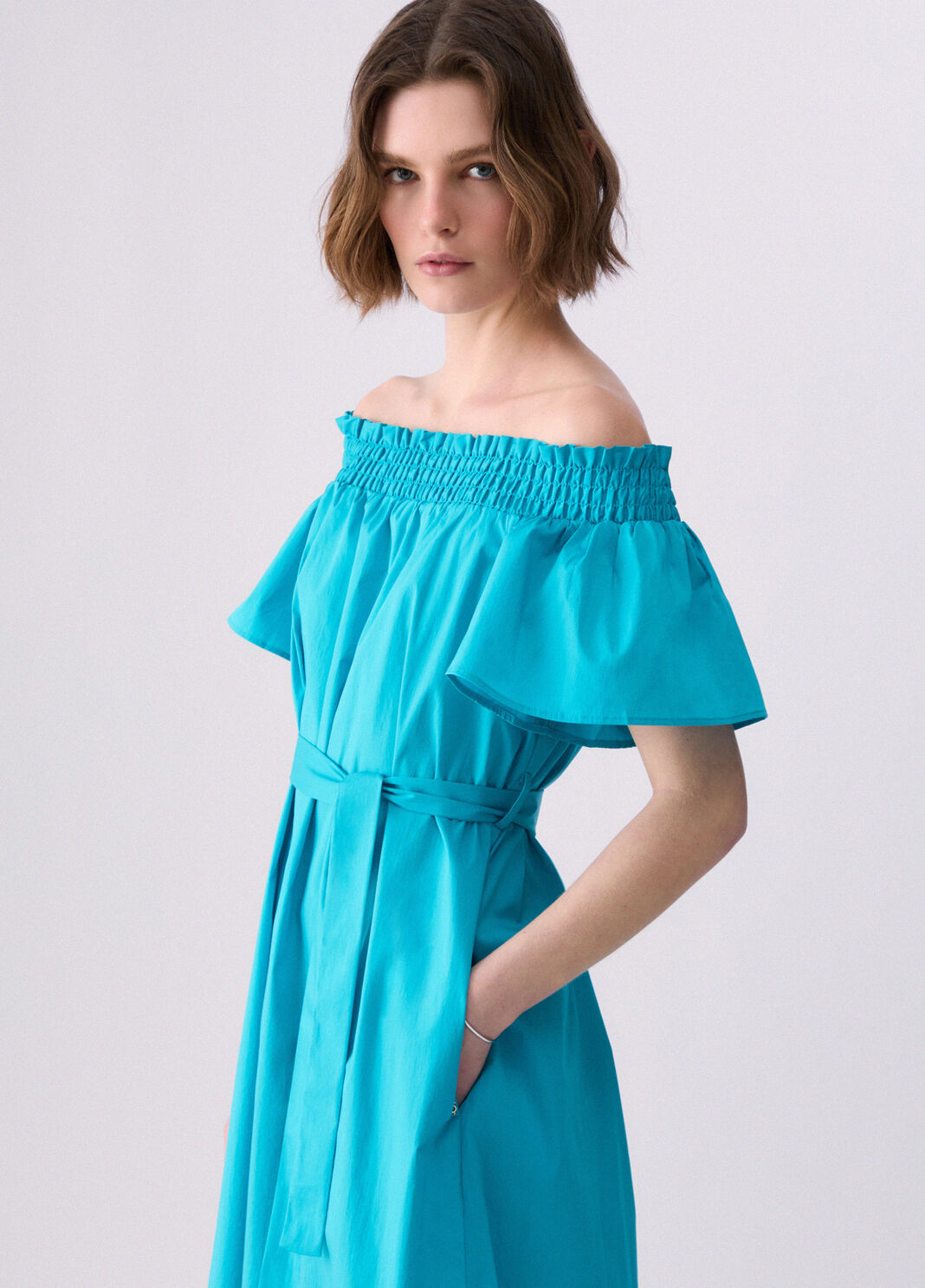 Kurzes Kleid mit Carmen-Ausschnitt Hellblau Liu Jo - large image number 4
