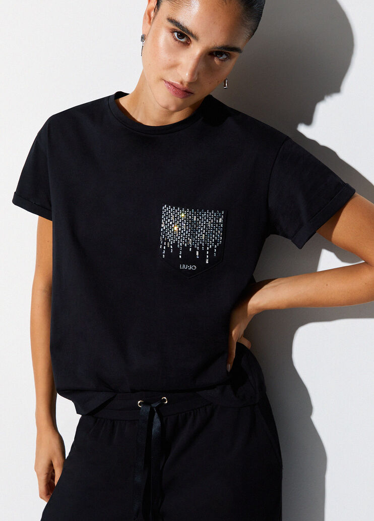 T-shirt with jewelled pocket black Liu Jo - medium