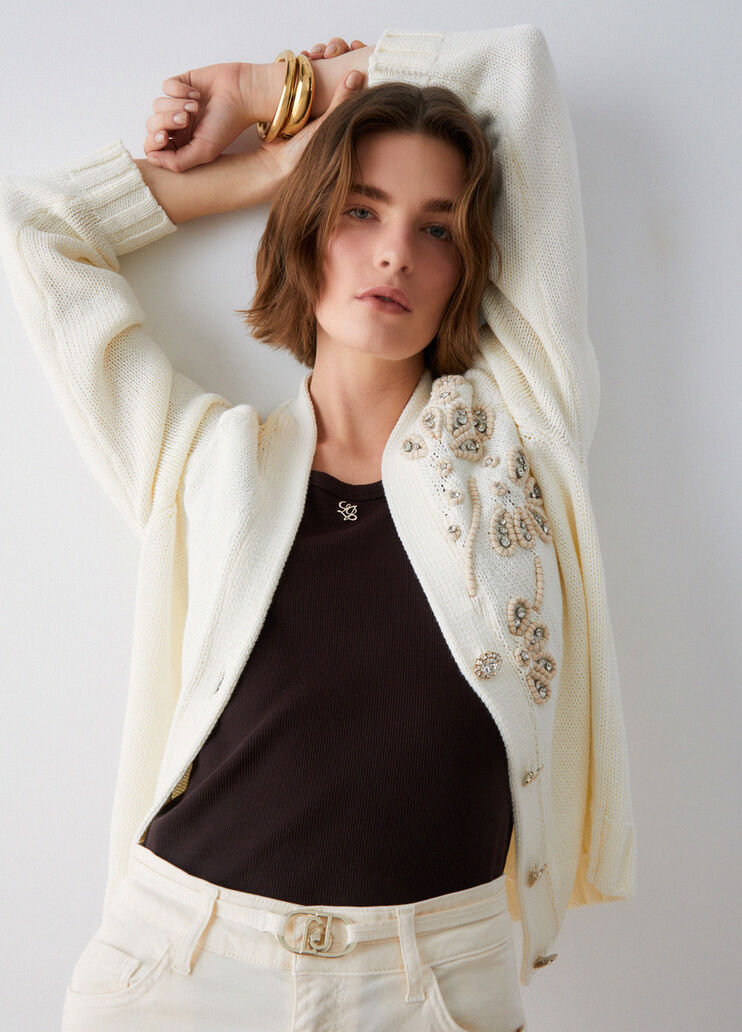 Cardigan con ricami gioiello bianco lana Liu Jo - medium