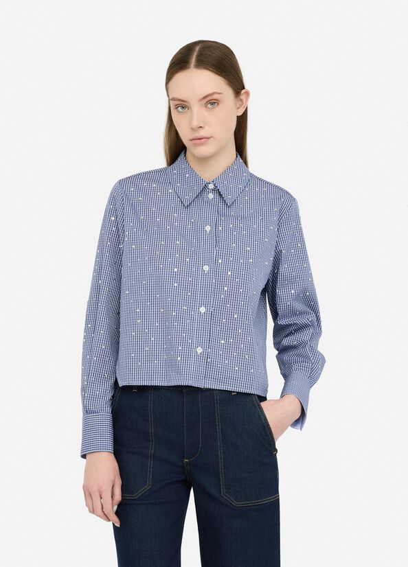 Poplin shirt with rhinestones blue check Liu Jo - large image number 0