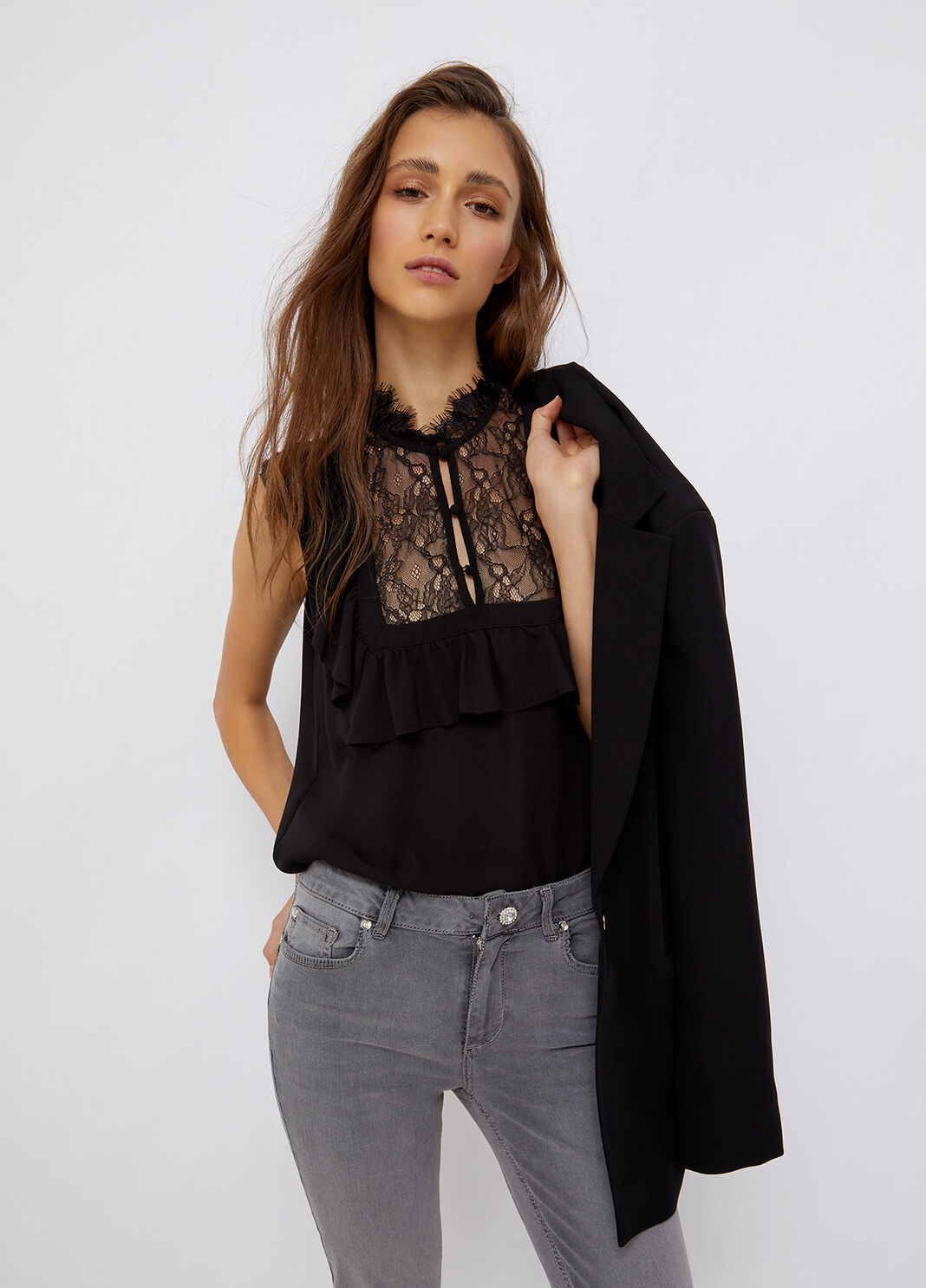 Экологичный топ с кружевной отделкой чёрный Liu Jo - large image number 0