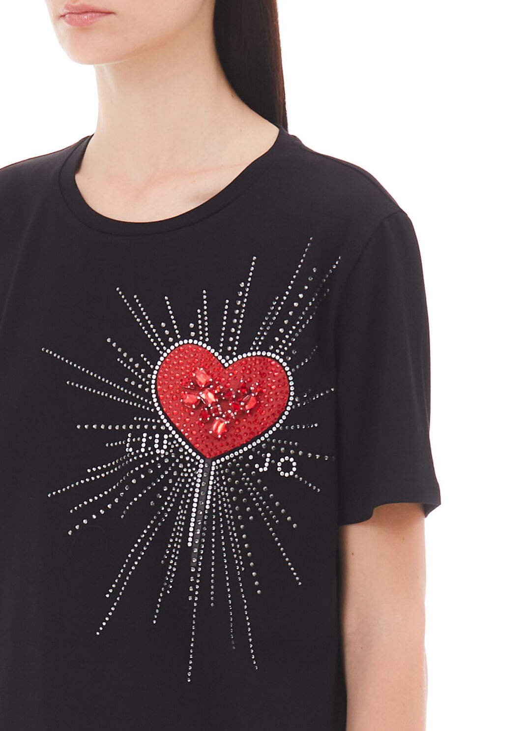 Camiseta con estampado y aplicaciones negro/coraz&oacute;n Liu Jo - large image number 2