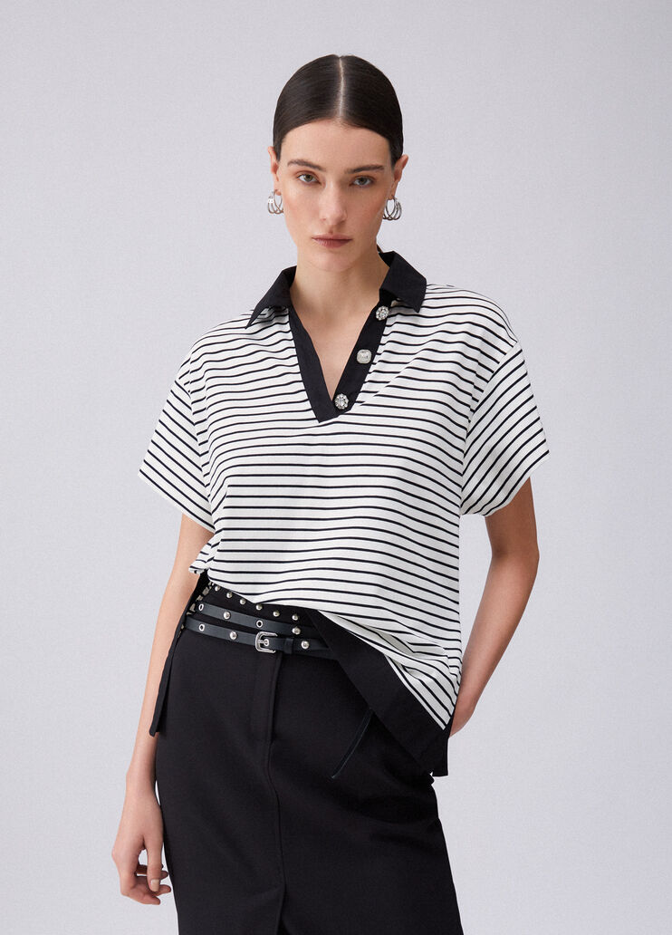 T-shirt a righe con bottoni gioiello bianco a righe Liu Jo - large image number 0